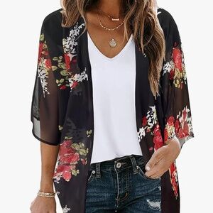 Women's Floral Print Puff Sleeve Kimono Cardigan Loose Cover Up